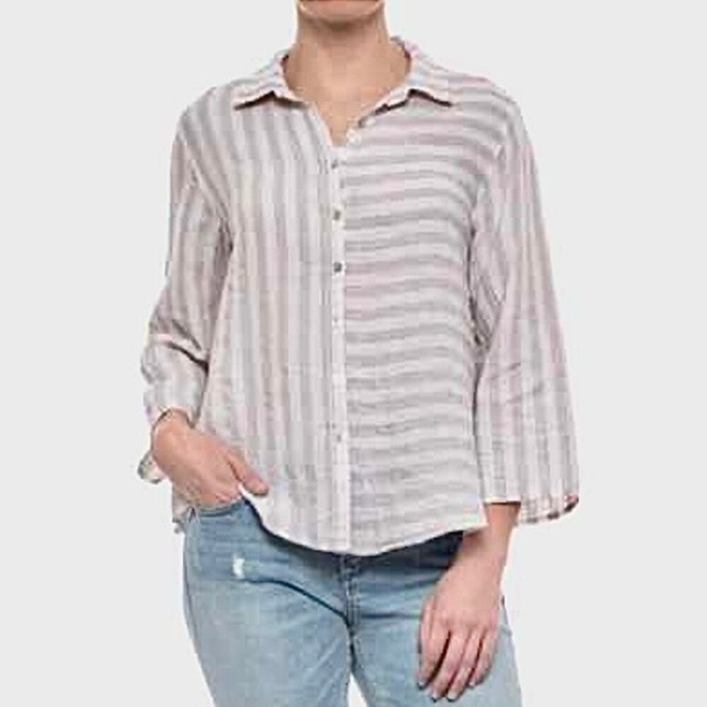 St. Tropez West Linen Striped Linen Blouse M